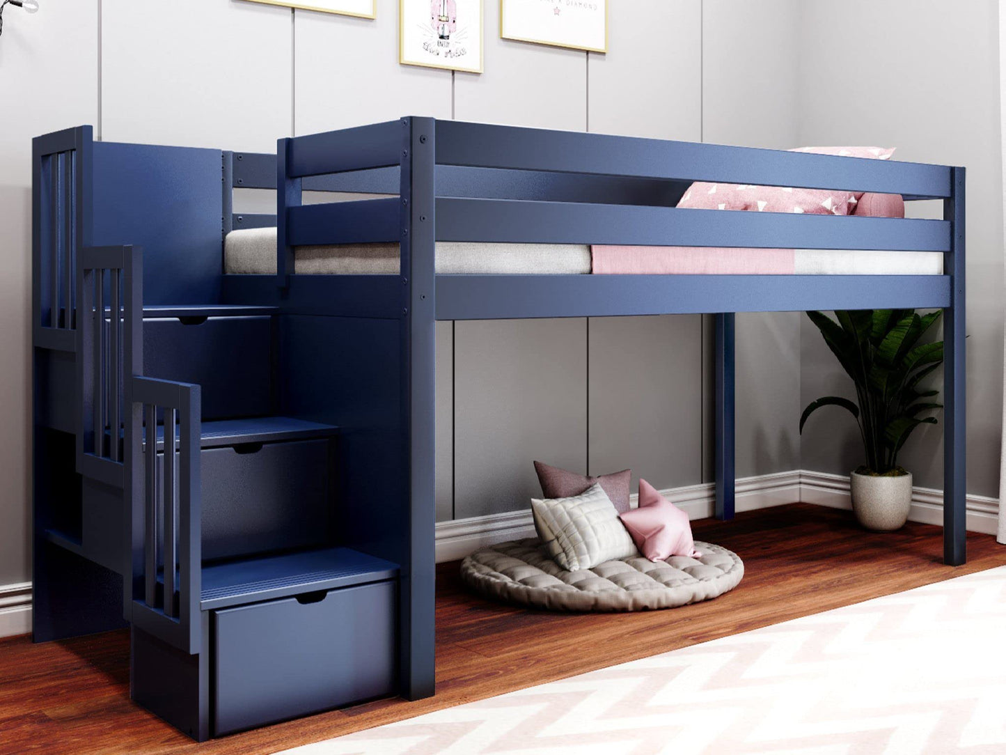 JACKPOT! Contemporary Low Loft Twin Bed with a 3 Drawer Stairway, Blue with Blue & White Tent