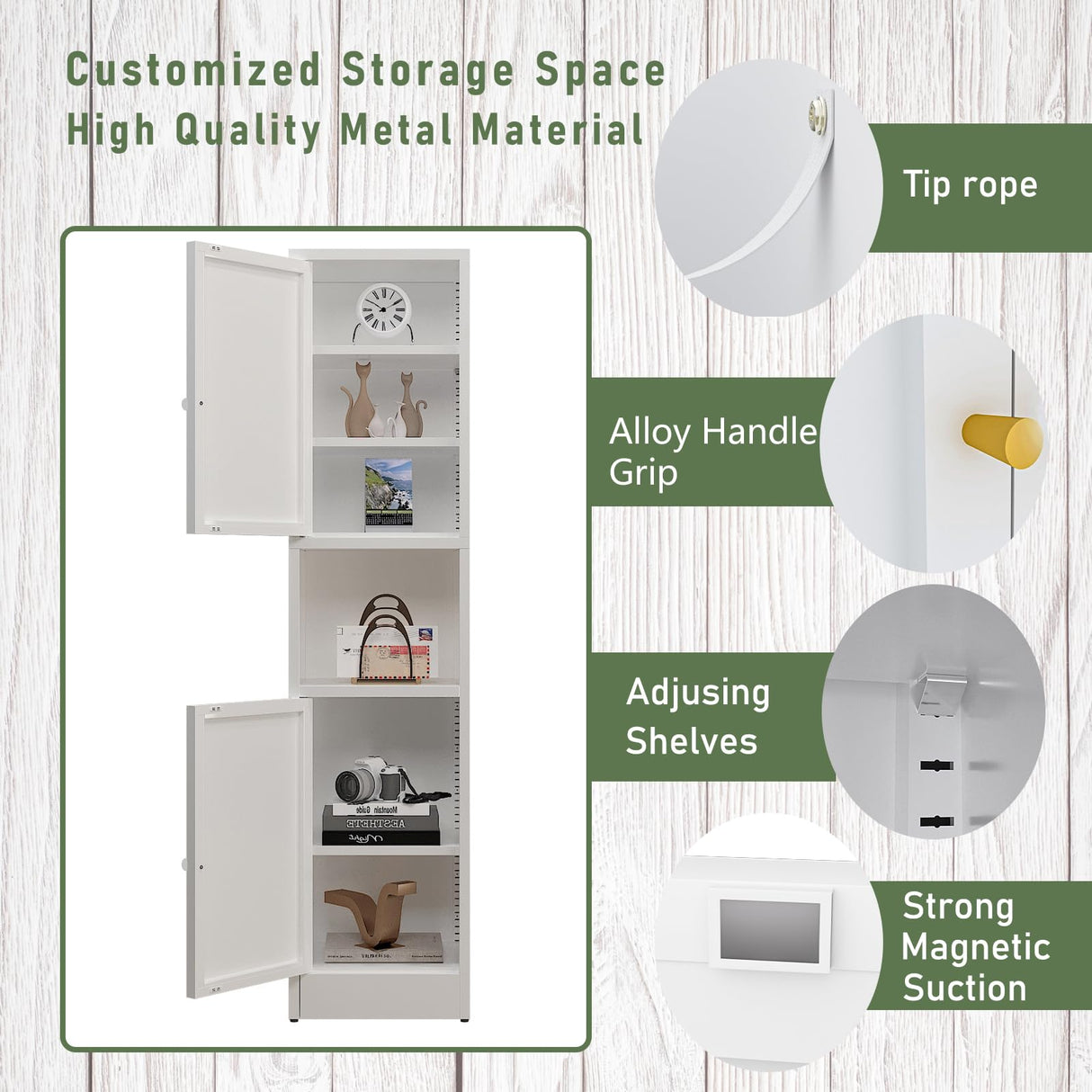 YAUWOH Tall Metal Storage Cabinet, Metal Locker Storage Cabinet with 3 Adjustable Shelves and 2 Doors,Sideboard for Small Spaces, Living Room, Home Office, Dining Room,White YAUWOH