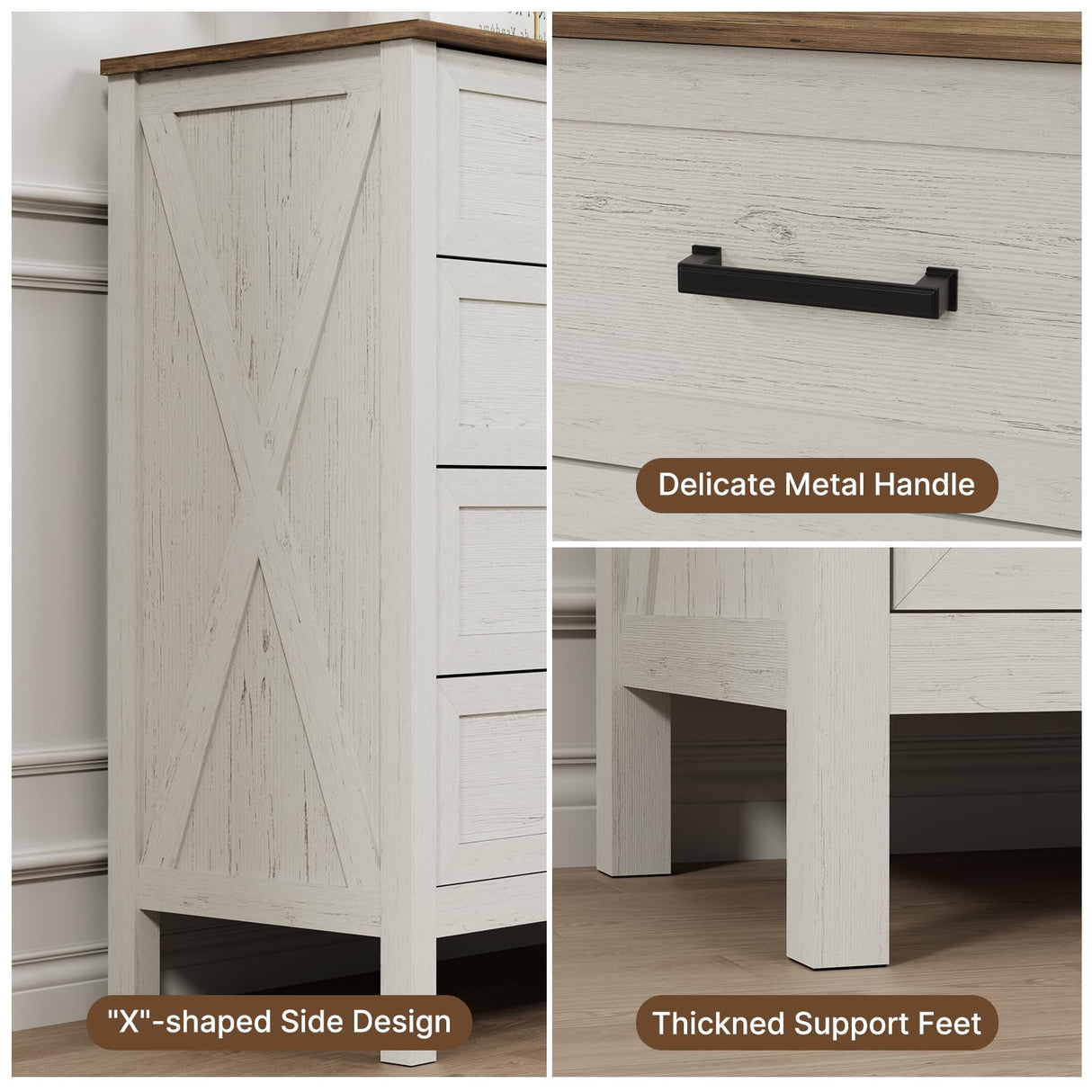 LYNSOM Farmhouse 8 Drawer Dresser for Bedroom, 55 Inch Wide Wood Rustic Chest of Drawers with X-Marking & Bar Handle, Large Storage Dressers Organizer for Bedroom, Living Room, Antique White LYNSOM