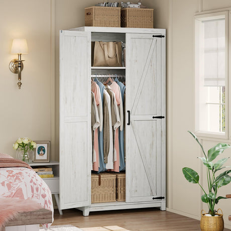 AMERLIFE Farmhouse Armoire Wardrobe Closet with 2 Barn Doors, 71'' Storage Cabinet with Hanging Rod & Shelf, Versatile Clothing Storage for Bedroom, Distressed White AMERLIFE