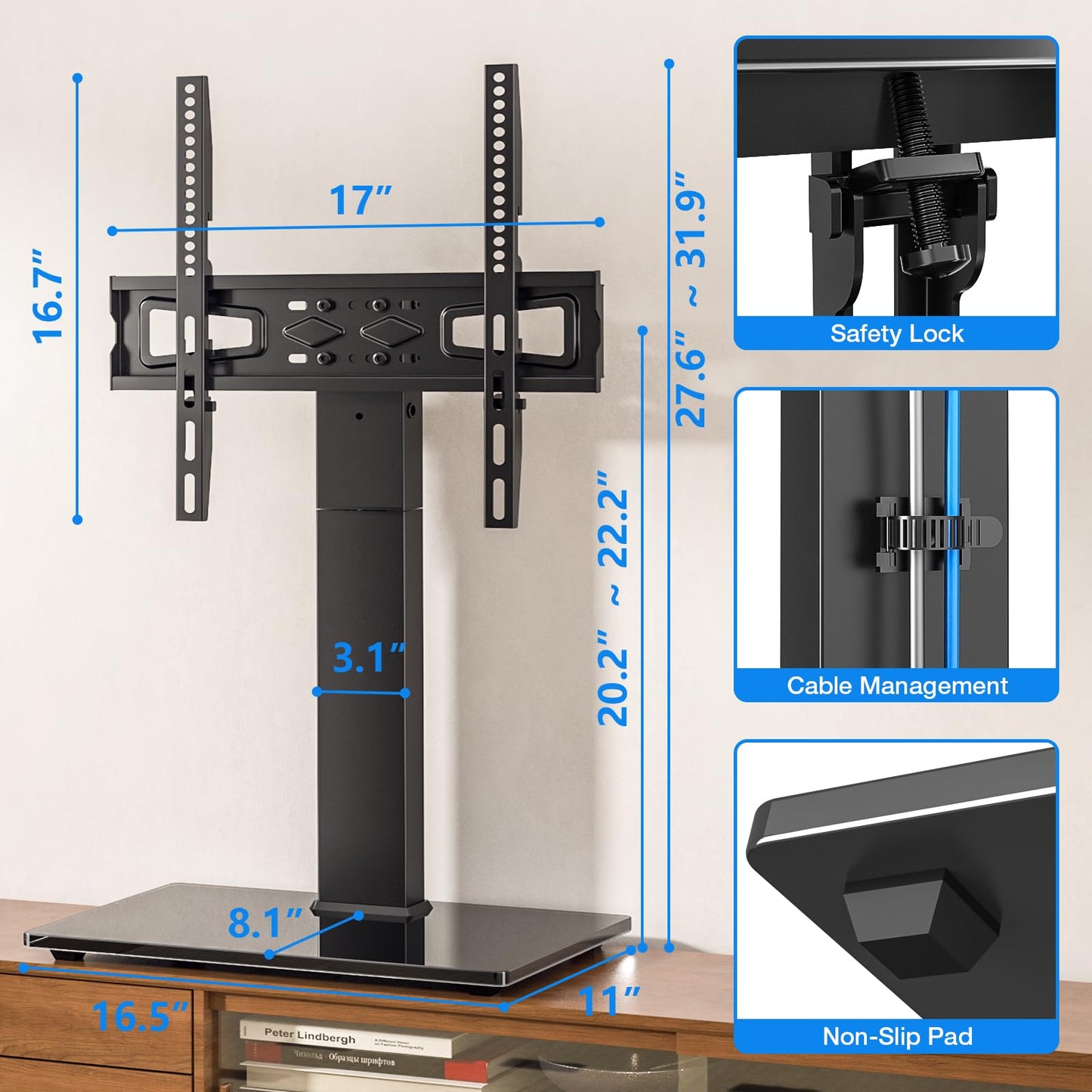 Rfiver Universal Swivel TV Stand Table Top TV Stand for 32-65,70,75 Inch LCD LED TV up to 110 lbs -Height Adjustable Center Pedestal Stand Replacement with Heavy Duty Tempered Glass Base