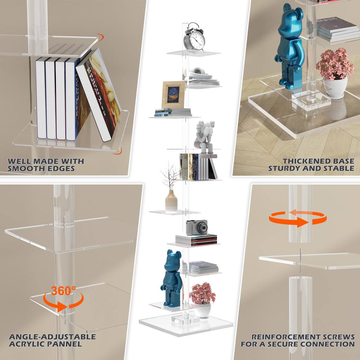 Nynelly 9 Tier Acrylic Bookshelf Invisible Bookshelf, Height Adjustable Vertical Spine Book Tower, Floor Standing Bookcase Display Shelf for Books,Decor, DIY Open Bookcase for Office, Living Room Nynelly