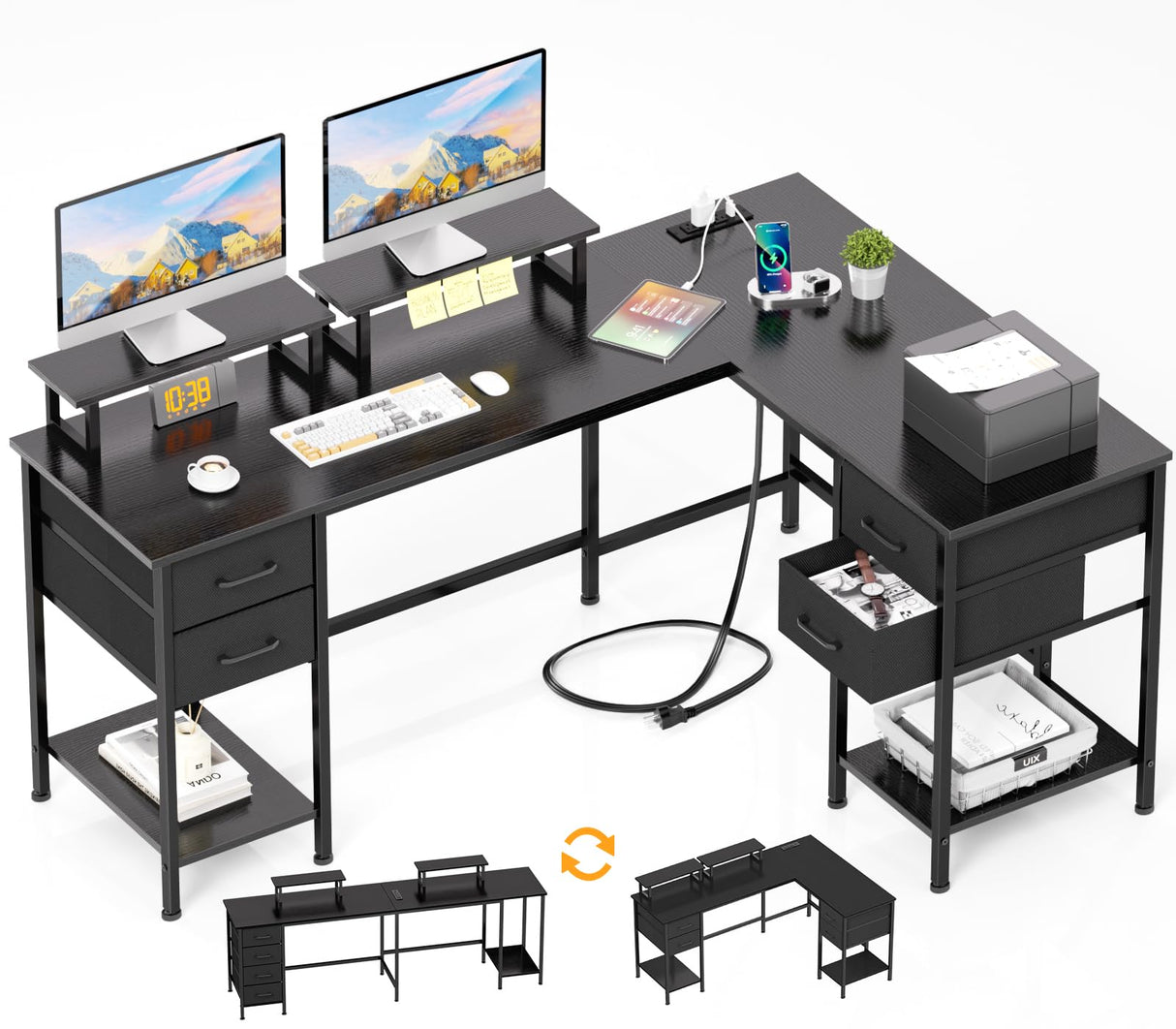 Korfile L Shaped Computer Desk with Power Outlets, Corner Desk with 2 Monitor Stands, Home Office Desk with 4 Adjustable Storage Drawers & Shelves, Large Gaming Desk for Bedroom, 59 inch, Black Korfile