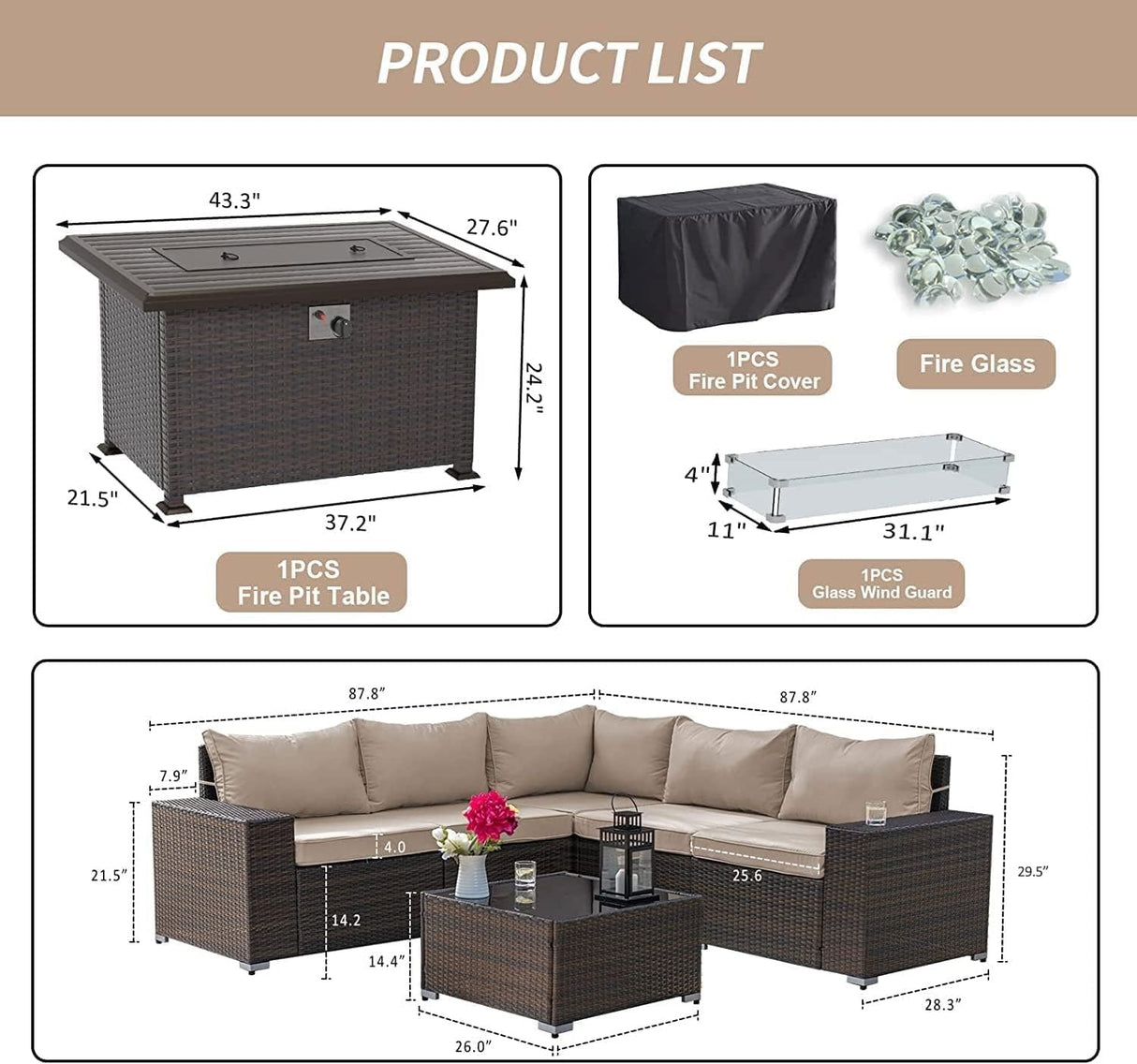 Kullavik 7 Pieces Outdoor Patio Furniture Set with 43" 55000BTU Gas Propane Fire Pit Table PE Wicker Rattan Sectional Sofa Patio Conversation Sets,Khaki Kullavik