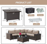 Kullavik 7 Pieces Outdoor Patio Furniture Set with 43" 55000BTU Gas Propane Fire Pit Table PE Wicker Rattan Sectional Sofa Patio Conversation Sets,Khaki Kullavik