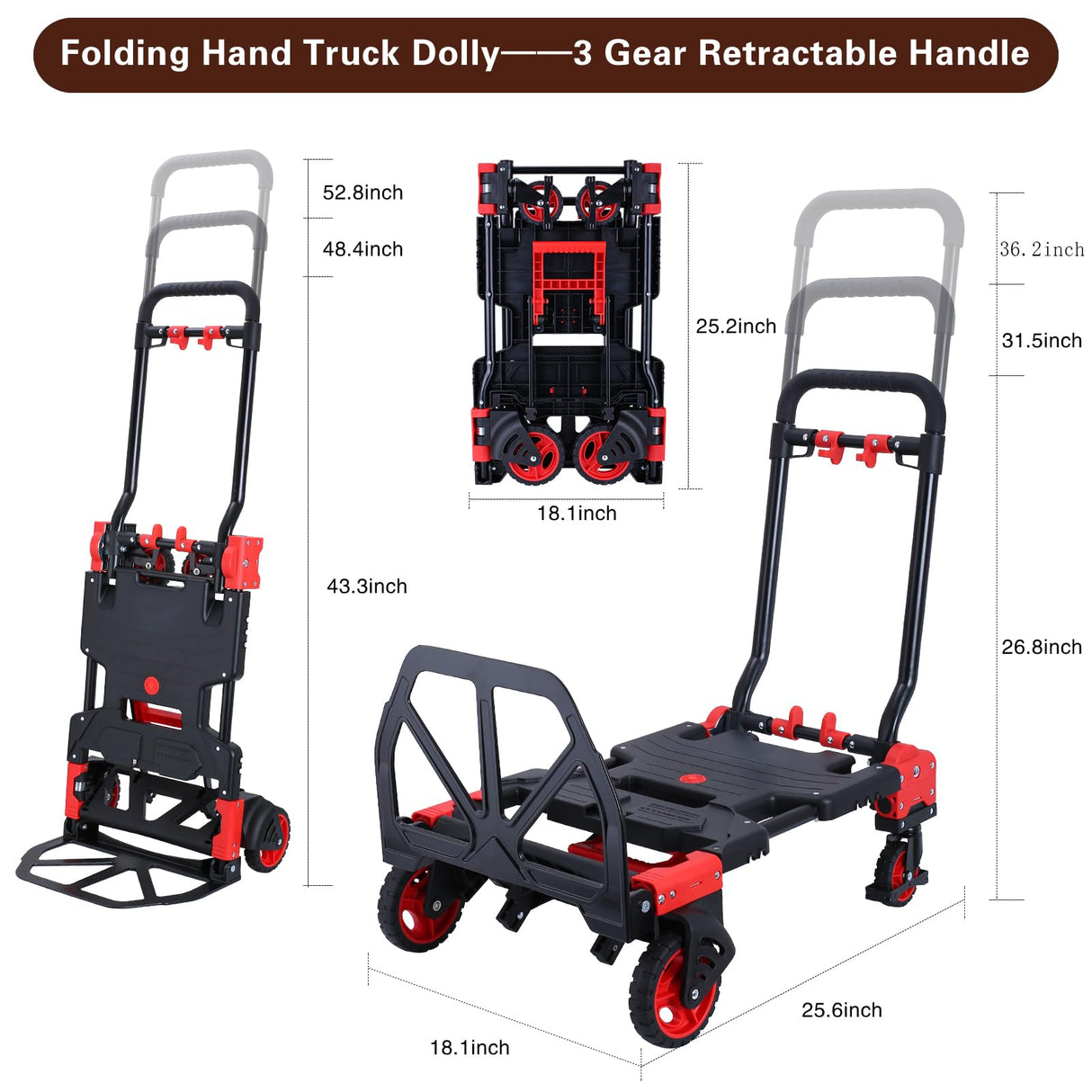 2-in-1 Folding Hand Truck Dolly 330LB Load Carrying,Hand Truck Foldable Dolly with Retractable Handle and 4 Rubber Wheels,Portable Folding Hand Cart for Luggage/Travel/Office JJSMKCH