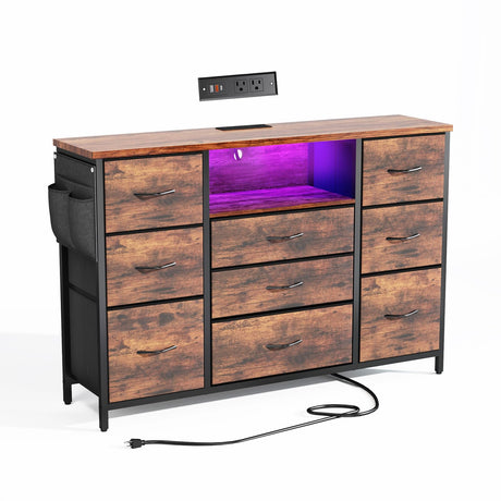 Yenlure Rustic Brown Dresser for Bedroom Dresser with Charging Station and LED Lights, Western Dresser TV Stand with Drawers, Chest of Drawers for Bedroom, Dorm, Closet, Living Room Yenlure