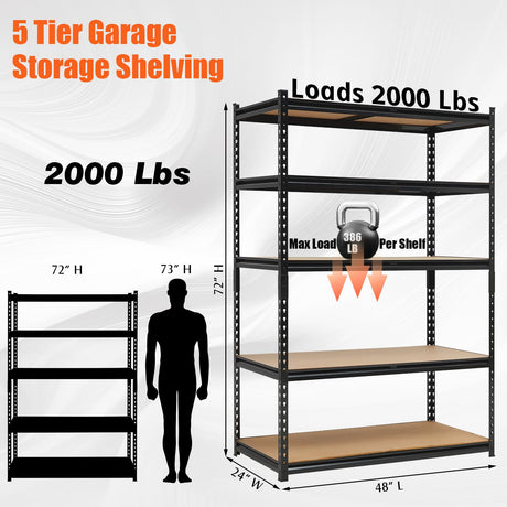 Heavy Duty Garage Shelving Units,5-Tier Adjustable Storage Shelves,48 x 24 x 72in,Loads 3000 LBSS,Adjustable Garage Storage Shelving, Metal Storage Utility Racks Shelf Unit Garvee