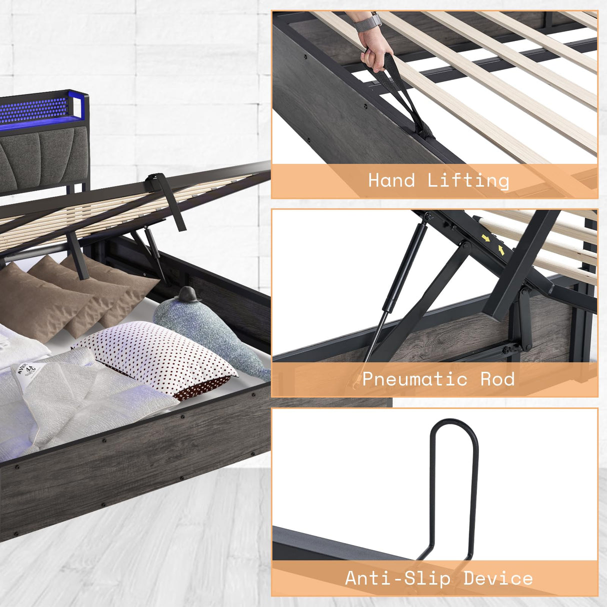 AMERLIFE King Size Lift Up Bed Frame with Linen Upholstered & LED Light & Storage Headboard, Platform Bed Frame with Charging Station, No Box Spring Needed, Noisy Free, Rustic Grey AMERLIFE