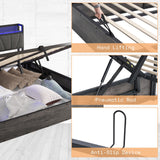 AMERLIFE King Size Lift Up Bed Frame with Linen Upholstered & LED Light & Storage Headboard, Platform Bed Frame with Charging Station, No Box Spring Needed, Noisy Free, Rustic Grey AMERLIFE