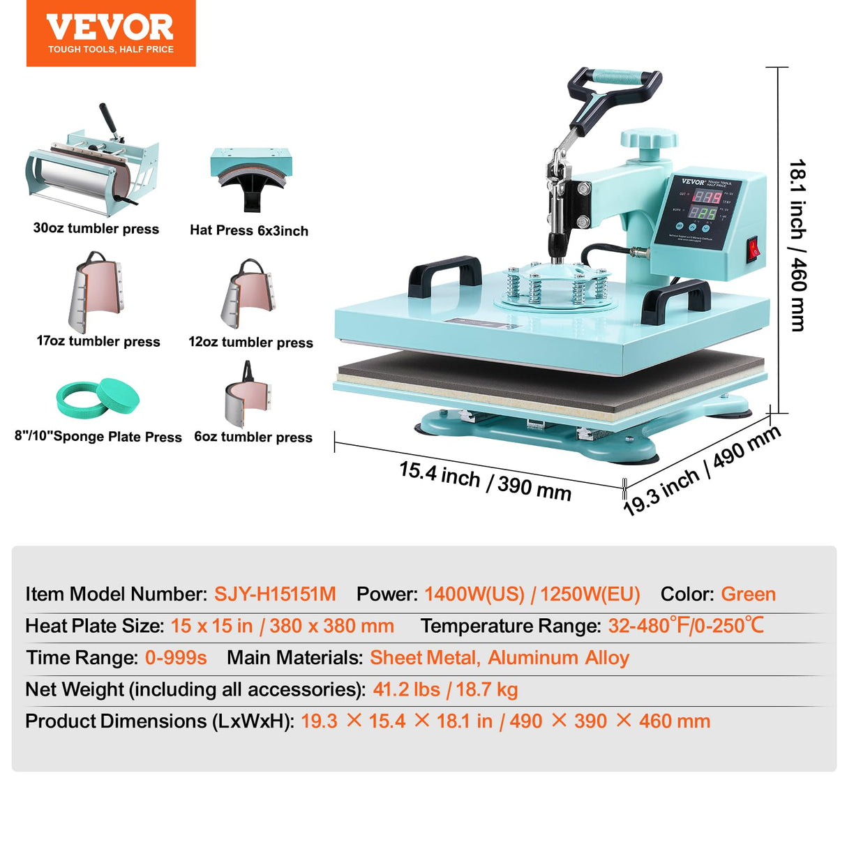 VEVOR 15x15 Heat Press Machine 8 in 1 Combo with 30 OZ Tumbler Press & Hat Press, Slide Out Heat Press Sublimation Machine for T-Shirts, Hats Caps Tumblers Glass Cans Mugs, and Plates (Light Green) VEVOR