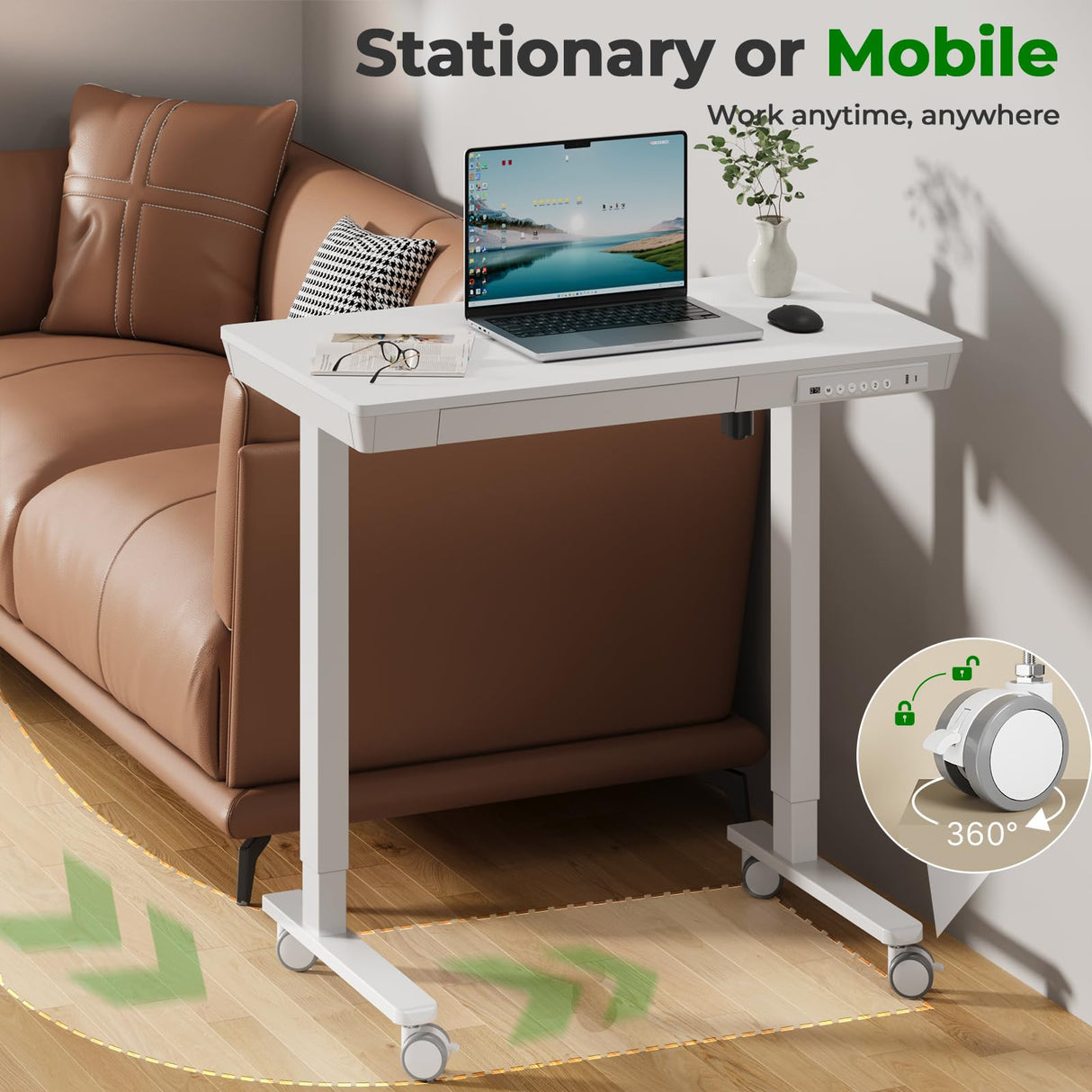 JYLH JOYSEEKER Small Standing Desk with Drawer, 35" x 20" Whole Piece Tabletop Electric Sit Stand Desk, Height Adjustable Desk with Storage & USB Ports, Quick Install Home Office Computer Desk, White JYLH JOYSEEKER