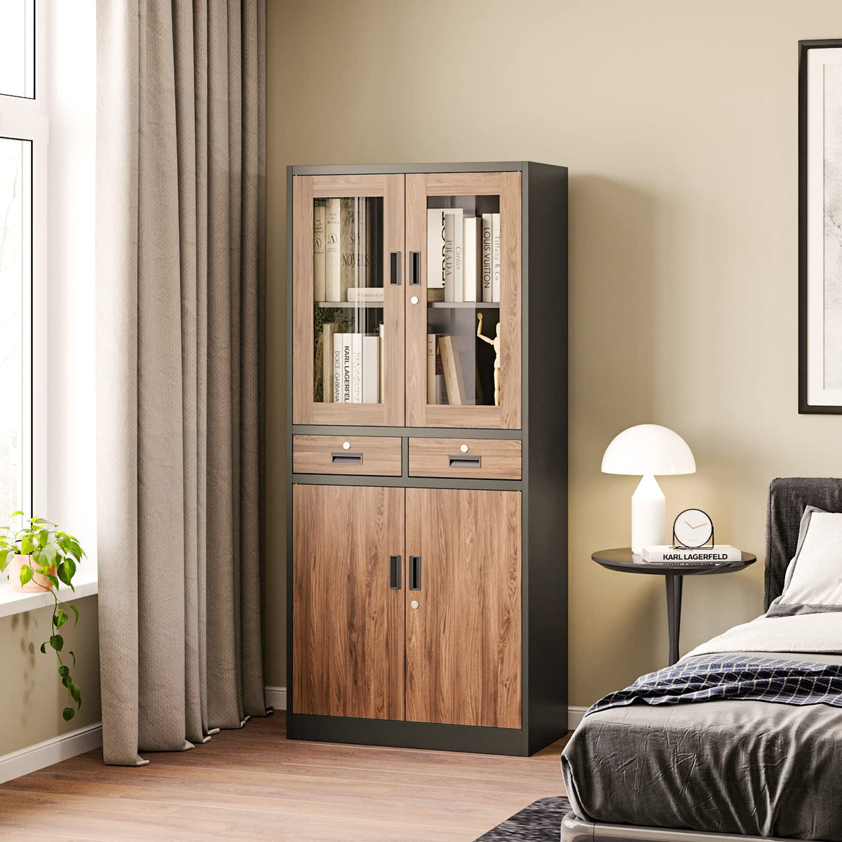 PEUKC Kitchen Pantry Cabinet, 71" Freestanding Kitchen Pantry Storage Cabinet with Drawer and Adjustable Shelves, Metal Tall Pantry Cabinet Cupborad with Glasses Doors, Wood Color PEUKC