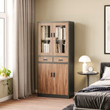 PEUKC Kitchen Pantry Cabinet, 71" Freestanding Kitchen Pantry Storage Cabinet with Drawer and Adjustable Shelves, Metal Tall Pantry Cabinet Cupborad with Glasses Doors, Wood Color PEUKC