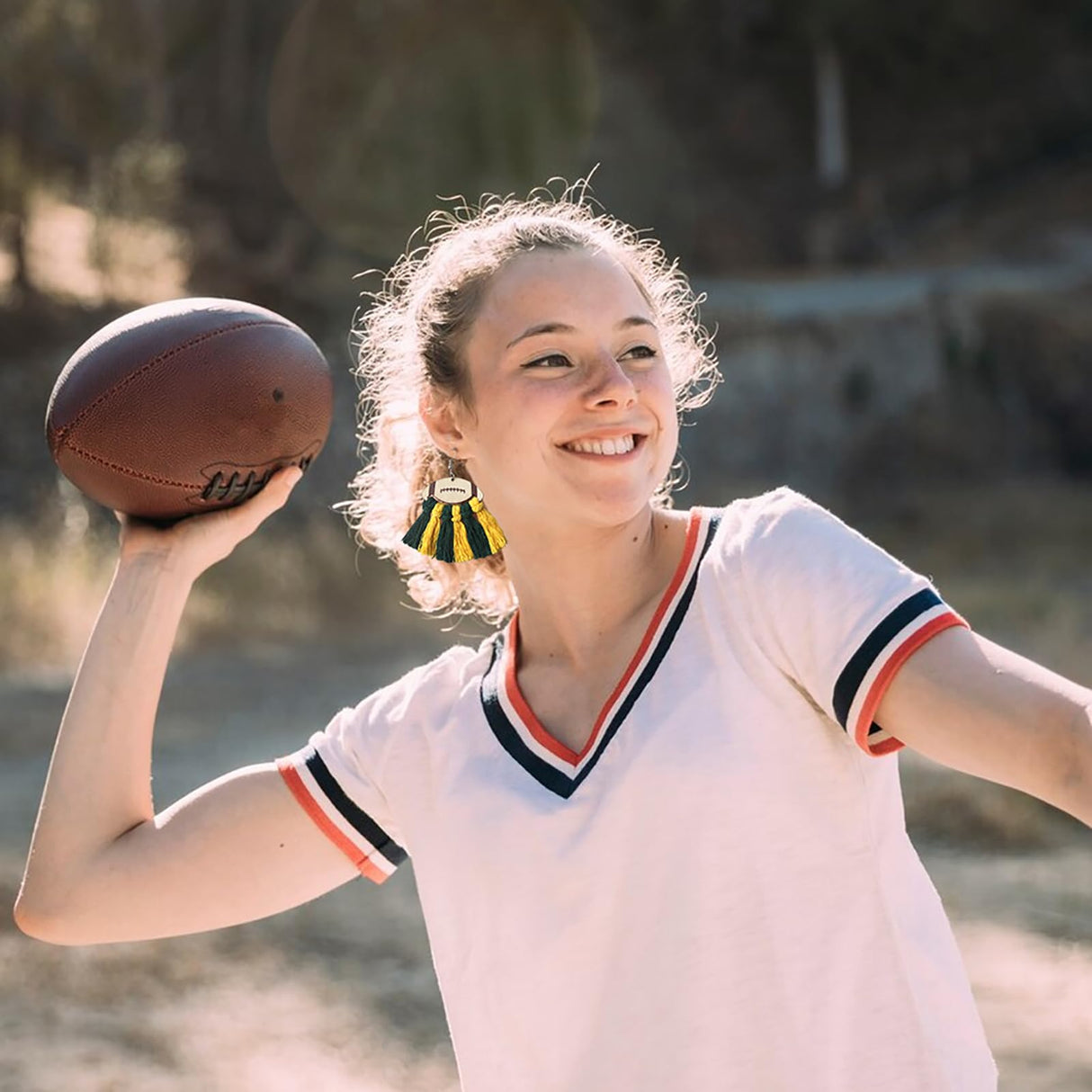 Hying Football Earrings for Women, Sports Rolls Ball Dangle Earrings Green Yellow Tassel Pendant Earrings Holiday Fashion Jewelry Gift Earrings for Super Bowl Celebration Party Favor Hying