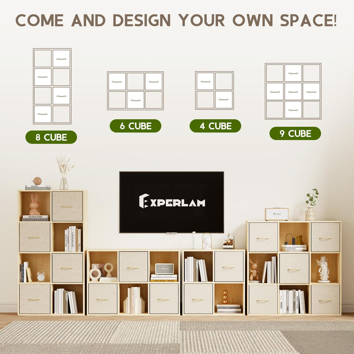 EXPERLAM 6 Cube Storage Organizer - Solid Wood Bookshelf with 3 Storage Bins, Cube Shelf with 2 Removable Back Panels, Vertical or Horizontal Bookcase, Open Book Shelf for Bedroom, Living Room, Office EXPERLAM