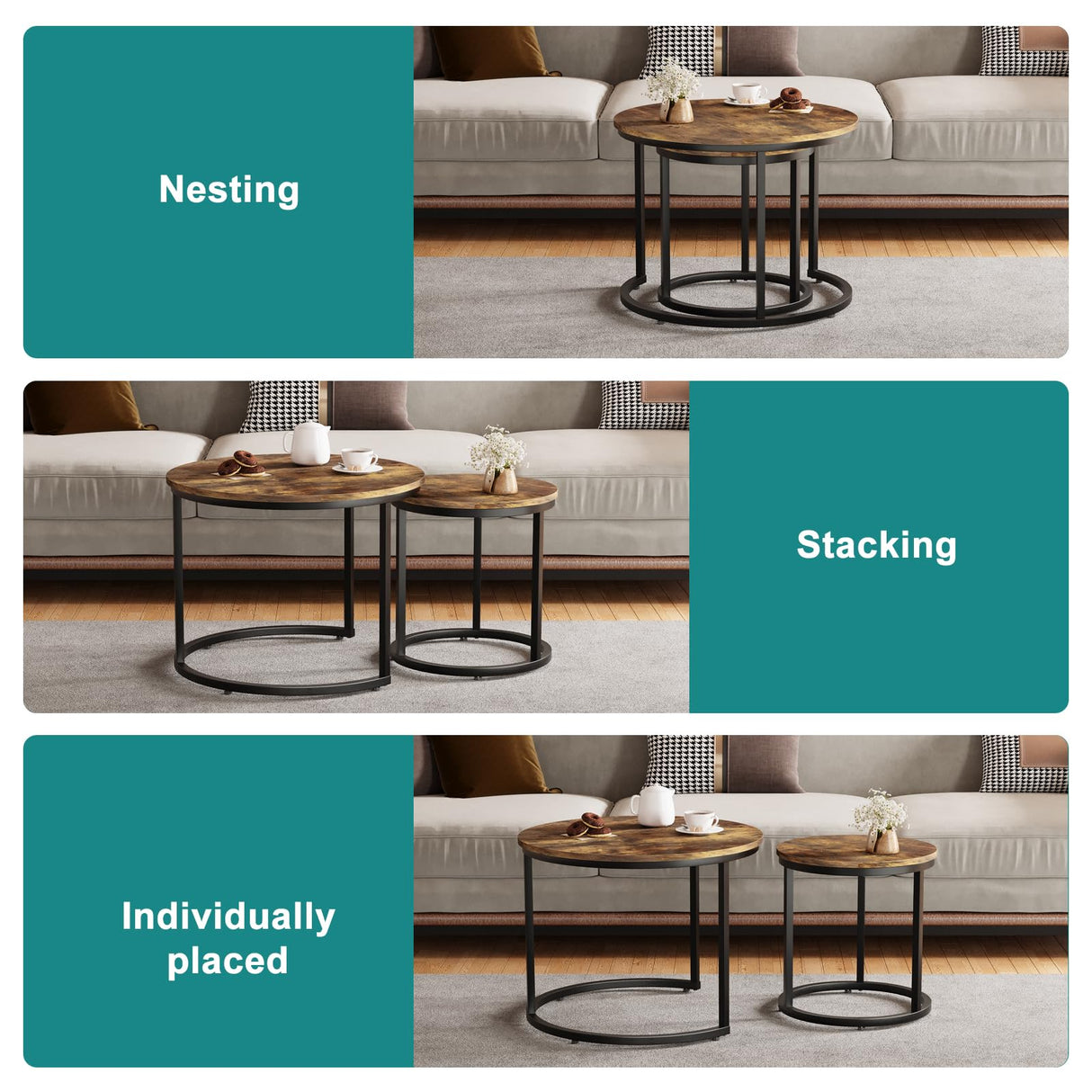Smuxee Nesting Coffee Table Set of 2, 23.6" Round Coffee Table Rustic Wood Top with Adjustable Non-Slip Feet, Industrial End Table Side Tables for Living Room Bedroom Balcony Yard Smuxee