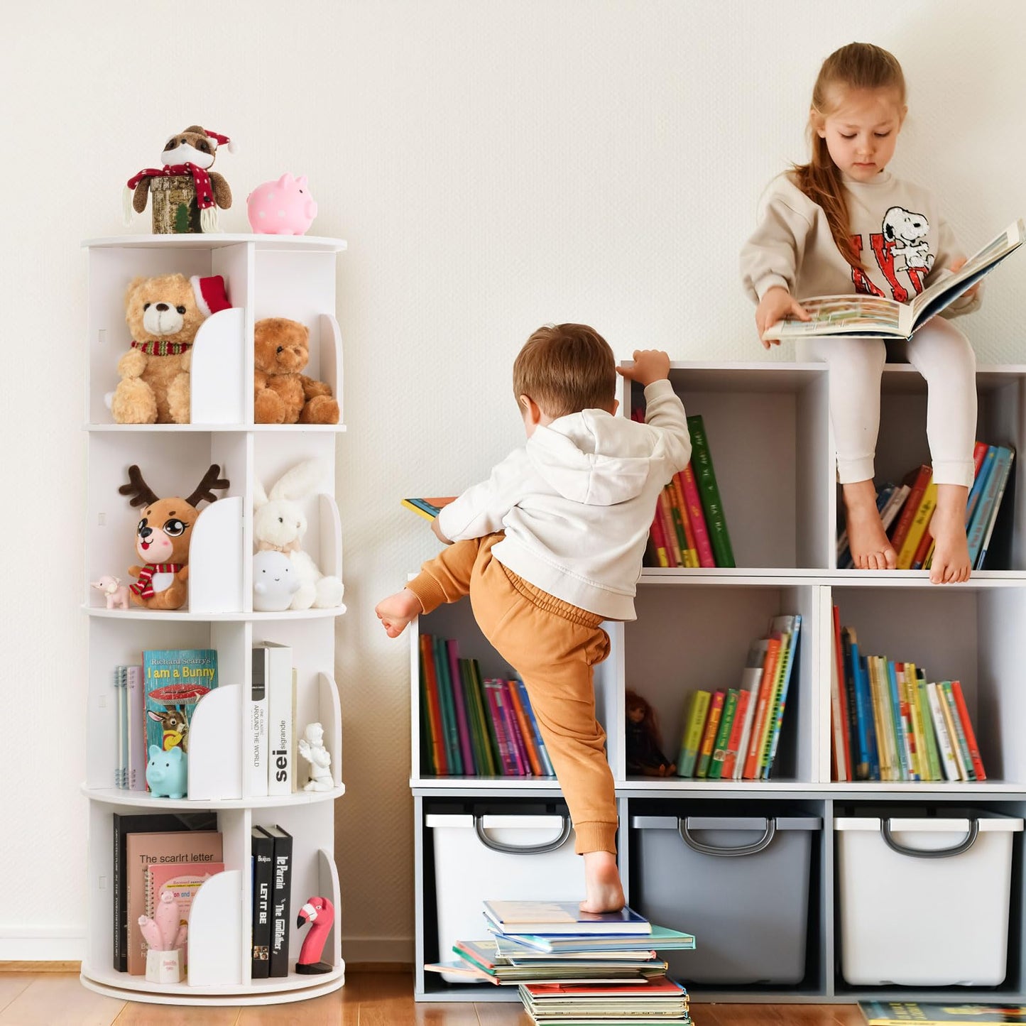 Roowest 4-Tier 360° Rotating White Bookshelf – Space-Saving Corner Bookcase Organizer - WoodArtSupply