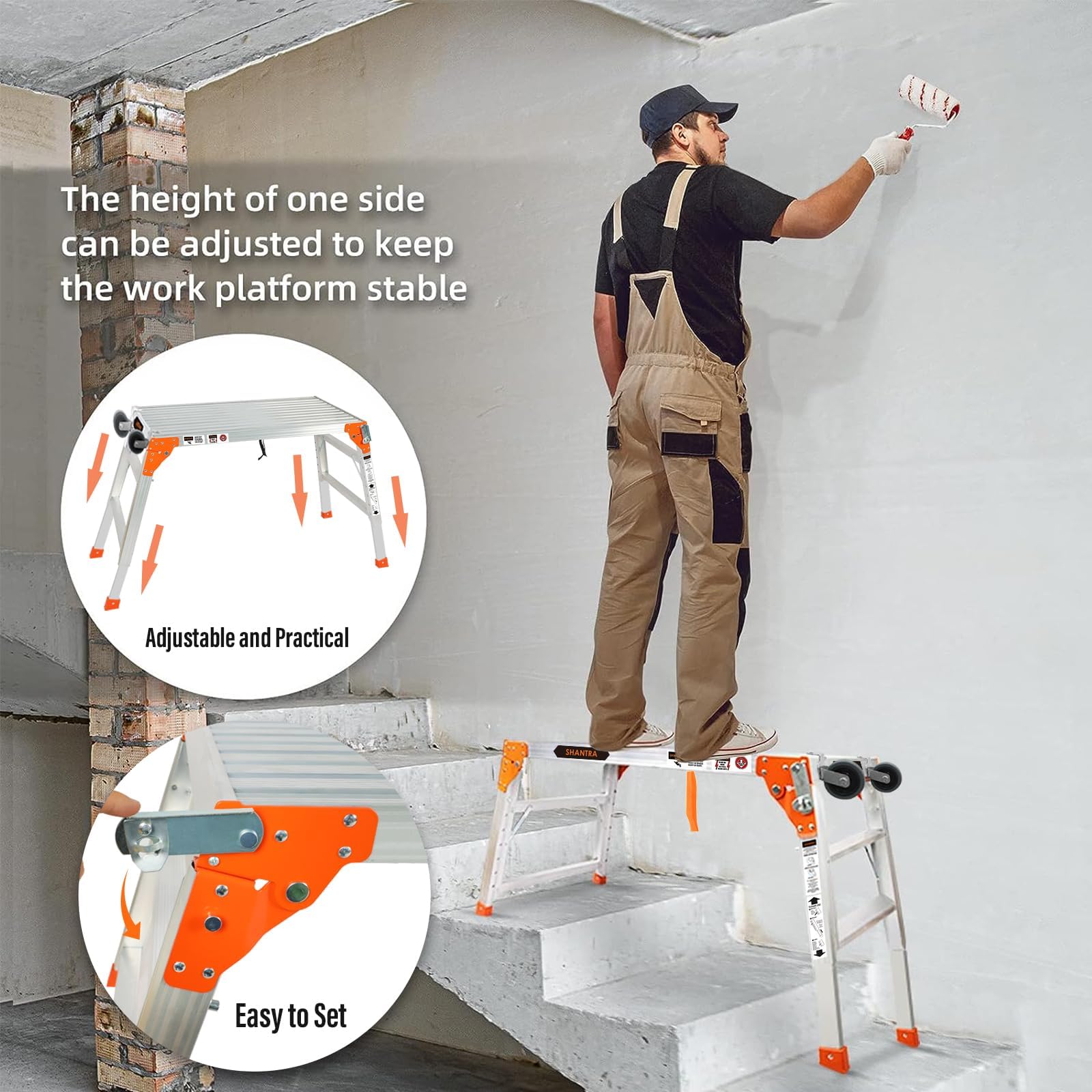 Multifunctional & Adjustable Work Platform with Wheels, 330 lbs Capacity, 24 to 35 inches Step Ladder, Aluminum Folding Scaffolding Ladder, Heavy Duty Portable Bench Ladder Stool with Non-Sli - WoodArtSupply