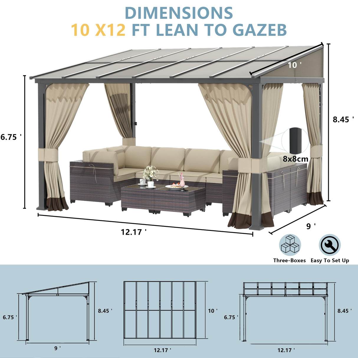 Kurapika 10’ x 12’ Wall Mount Gazebo Outdoor Pergola, Hardtop Lean to Gazebo Canopy Awnings with Sloped Roof and Sturdy Steel Frame, for Patio, Porch, Deck, Backyard(Sand) Kurapika