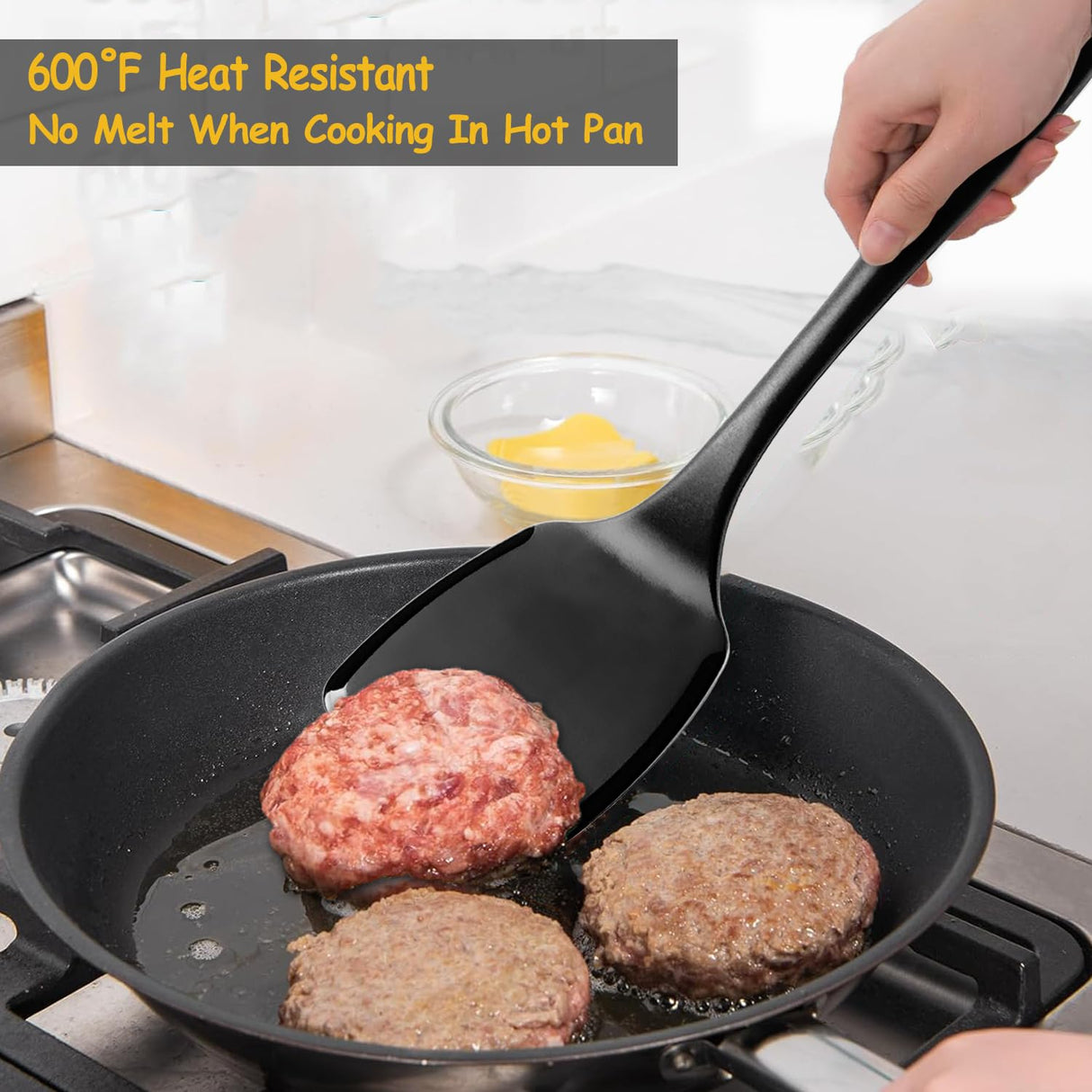 Silicone Spatula Set, 600°F Heat Resistant Silicone Spatula Turner Flipper for Cooking, Non Stick and Non Scratch Kitchen Utensils for Eggs, Burgers, Crepes, 2-Pack Solid Spatulas Set, Black Vovoly