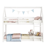 DaiNNCN House Bunk Bed for Kids,Twin Over Twin Bunker Bed with Guardrails and Ladder,Headboard,Footboards,Rubber Wood Bed Frame for Kids,Girls-White DaiNNCN