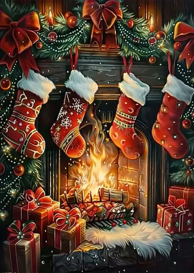 Christmas Fireplace Stocking Diamond Art Kits for Adults, 5D Diamond Painting Kits for Adults Beginners, DIY Full Round Drill Diamond Dot Painting Gem Art Kits for Adult,Home Wall Decor 11.8x15.7 Inch