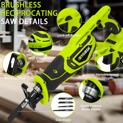 RYOJEGK 21V Cordless Reciprocating Saw, Brushless 27mm Saw with 2 x 4.0Ah Battery & 12 Saw Blades, 3500 SPM Power Cordless Saw, Tool-Free Blade Change recíproca for Wood & Metal Cutting - WoodArtSupply