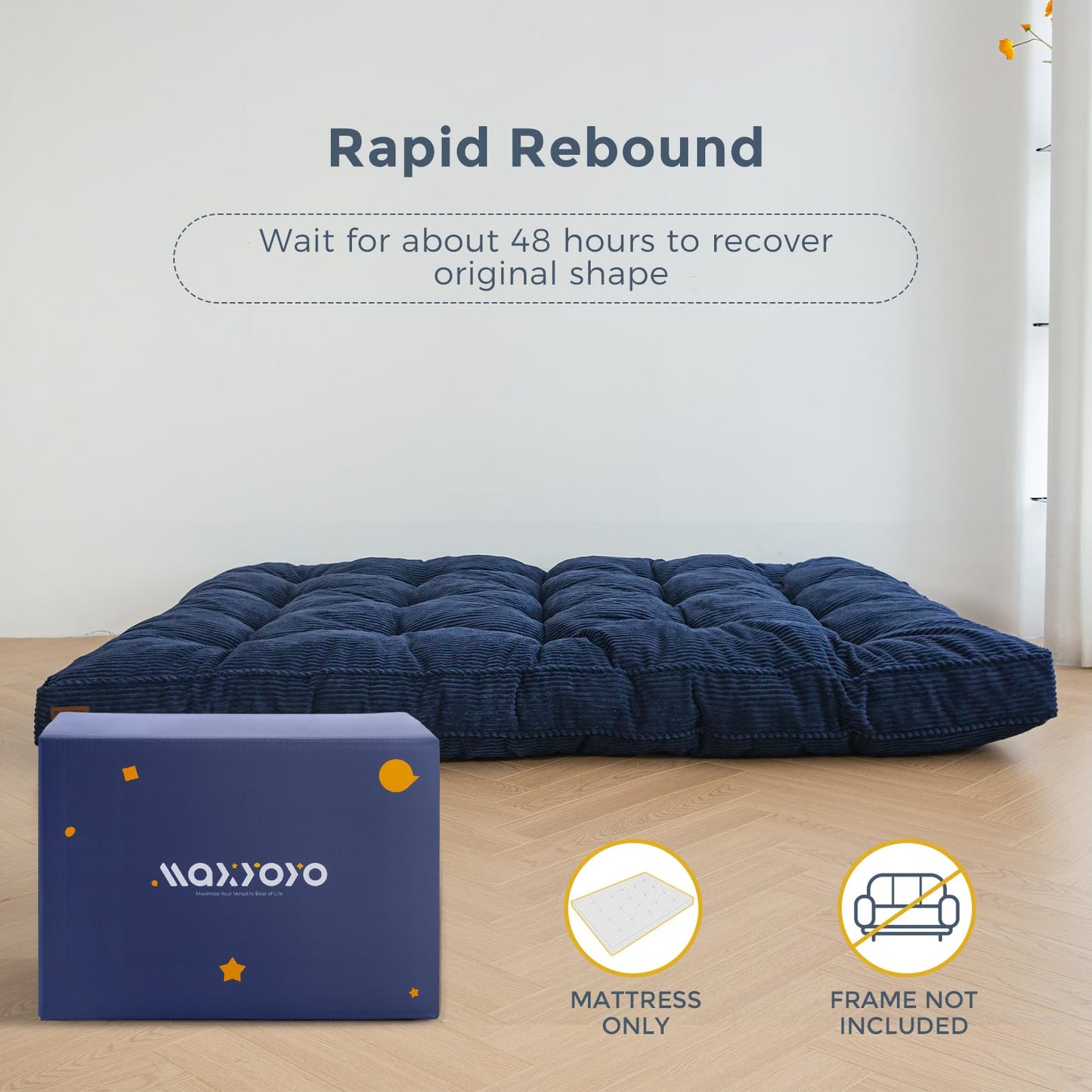 MAXYOYO 6" Futon Mattress Full Size, Tufted Futons Sofa Couch Bed with Twisted Rope Design Edging, Thick Corded Fabric Floor Mattress for Adults, Shredded Foam Filling (Frame Not Included), Navy