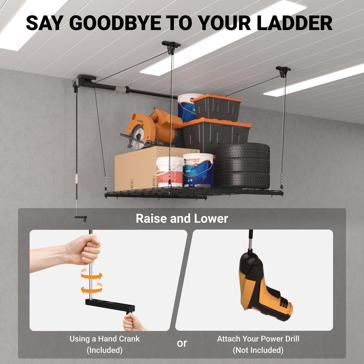 eShelf Adjustable Overhead Garage Storage Rack, 4x4ft Garage Ceiling Storage Lift, Heavy Duty Garage Storage Lift System With 300lbs Weight Capacity, Perfect for Kayaks, Ladders eShelf