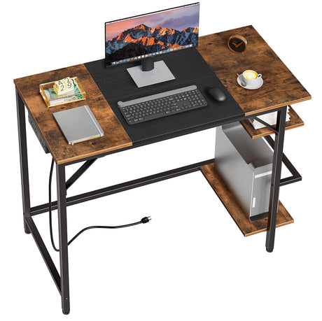 HOOBRO Computer Desk, Home Office Desk with Power Outlet, Writing Desk with 2 Shelves, Modern Small Desk for Home Office, Study, Easy to Assemble, Rustic Brown and Black BF43UDN01 HOOBRO