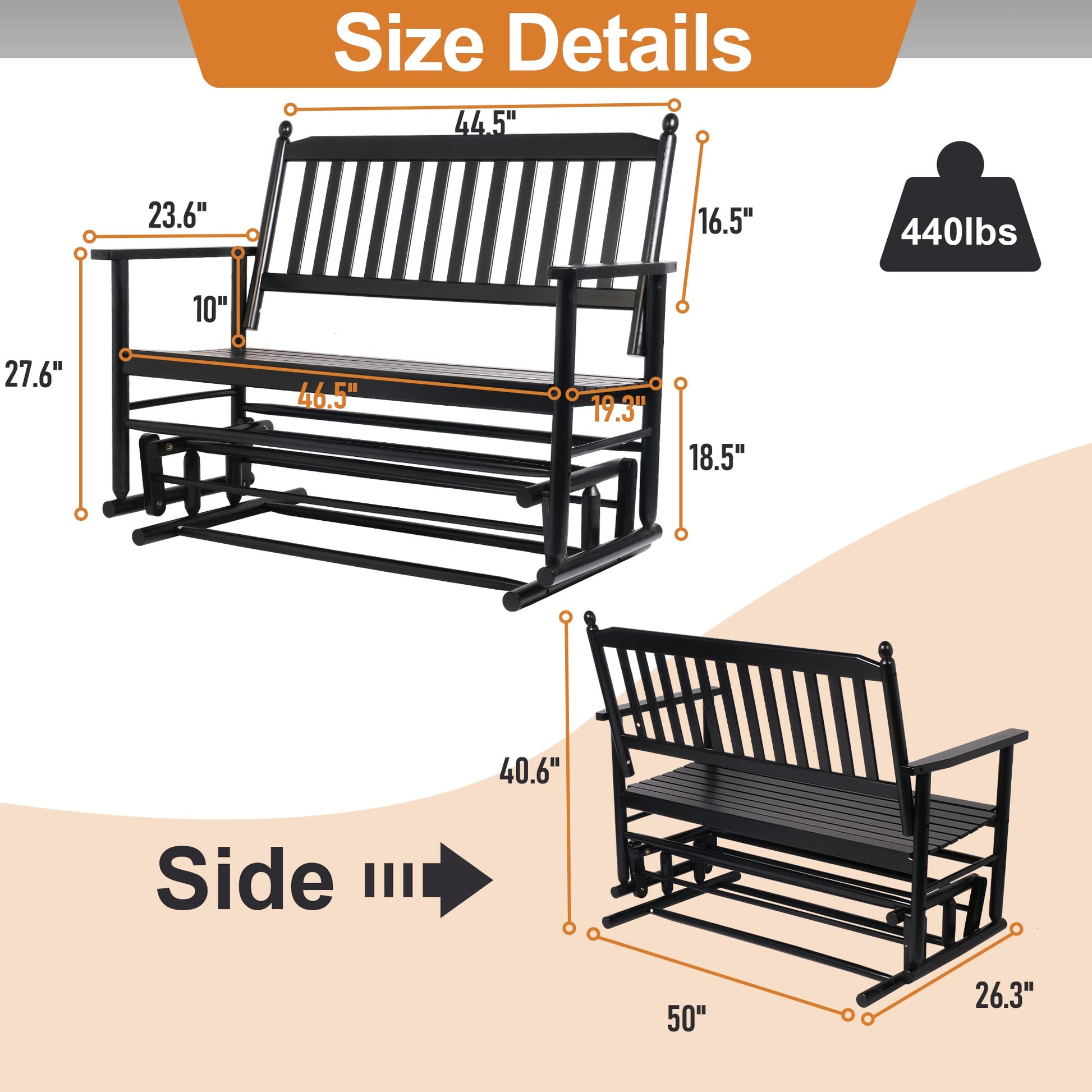 Fadidio Patio Glider Bench Outdoor, Porch Swing Glider for Outside, Wooden 2-Person Loveseat Rocking Bench Funiture, Black Gliders - WoodArtSupply