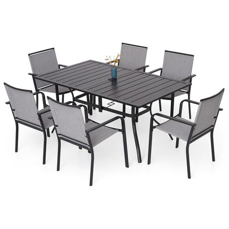 Nixtopia 7 Piece Outdoor Patio Dining Set for 6 Person with Gray Sling Back Stackable Chairs and 63" x 38" Rectangle Table Nixtopia