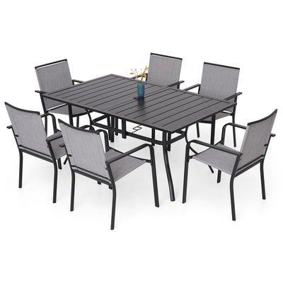 Nixtopia 7 Piece Outdoor Patio Dining Set for 6 Person with Gray Sling Back Stackable Chairs and 63" x 38" Rectangle Table