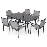 Anmutig 7-Piece Outdoor Dining Set, Powder Coated Steel Table with 6 Stackable Sling Chairs, 63 x 38 Inch Table Grey Fabric Anmutig