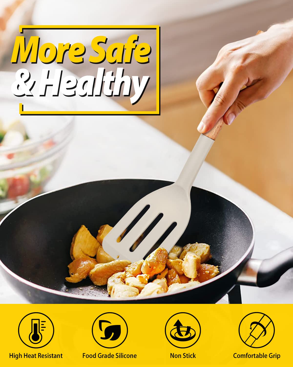 Pack of 2 Silicone Cooking Spatula, Heat Resistant Solid Turner, Non Stick Slotted Spatulas with Wooden Short Handle,Ideal Wood Kitchen Utensils Set for Frying, Baking, Flipping, Turning BUNDLEPRO