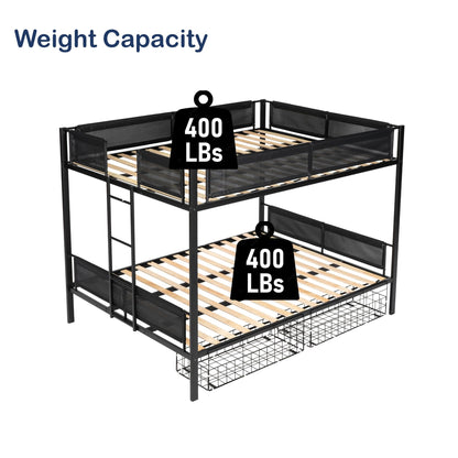 DNYN Queen Over Queen Metal Bunk Bed with Storage Drawers - Modern Space-Saving Design in Black - WoodArtSupply