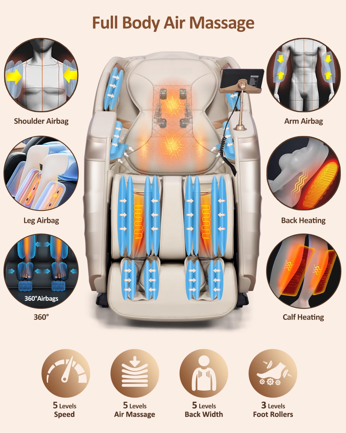 RELX 2026 Massage Chair Full Body, 20 Modes Zero Gravity SL-Track Shiatsu Massage Chair Built-in Heat System, Airbag Massage with Body Scan, Deep Yoga Stretch, Calfrest Extension and AI Control(Cream) RELX