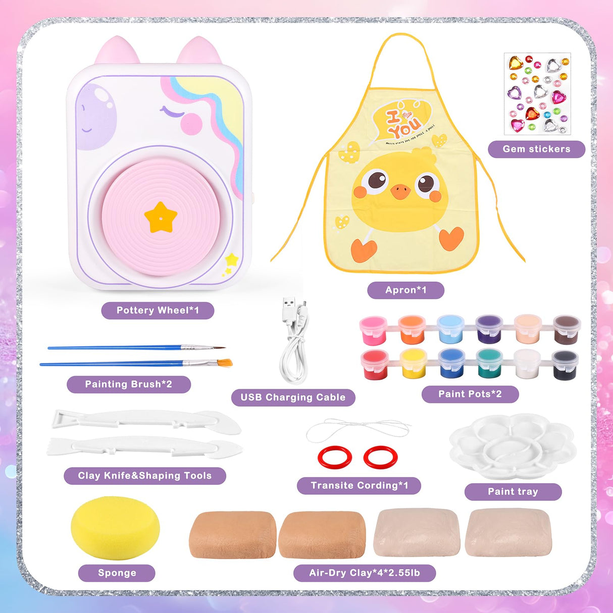 Pottery Wheel for Kids，Art Supplies Arts & Crafts Kit, Crafts Toys for Girls 8-12, Pottery Studio Craft Kit with 4 Pack Air-Dry Clay,Girls Toys Birthday Christmas Gift for Kids Ages 6 7 8 9 10 11 12+ weirtoya