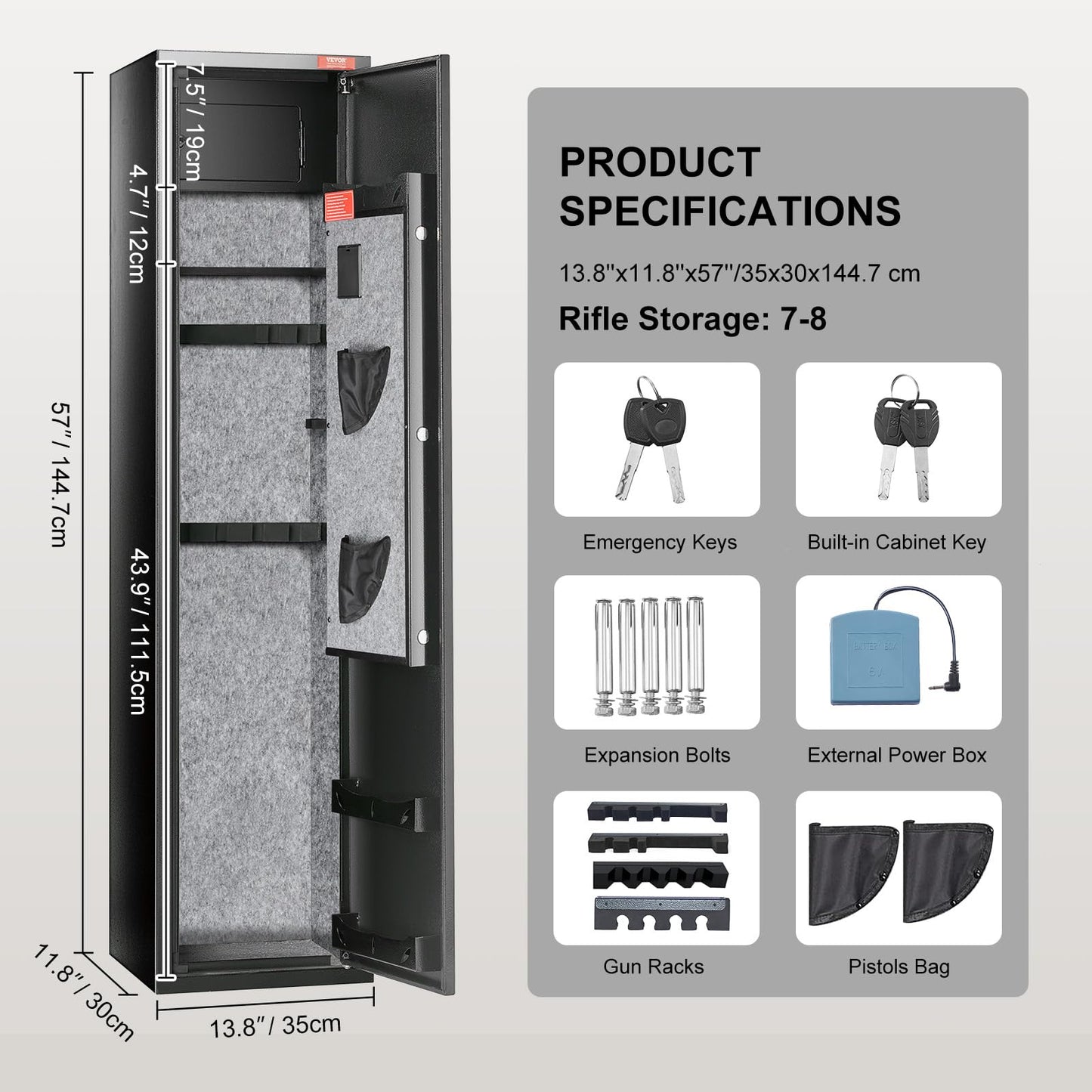 VEVOR 7-8 Rifles Gun Safe, Rifle Safe with Digital Keypad & Lock, Gun Storage Cabinet with Built-in Storage Locker, Removable Storage Shelf for Home Long Gun and Pistols