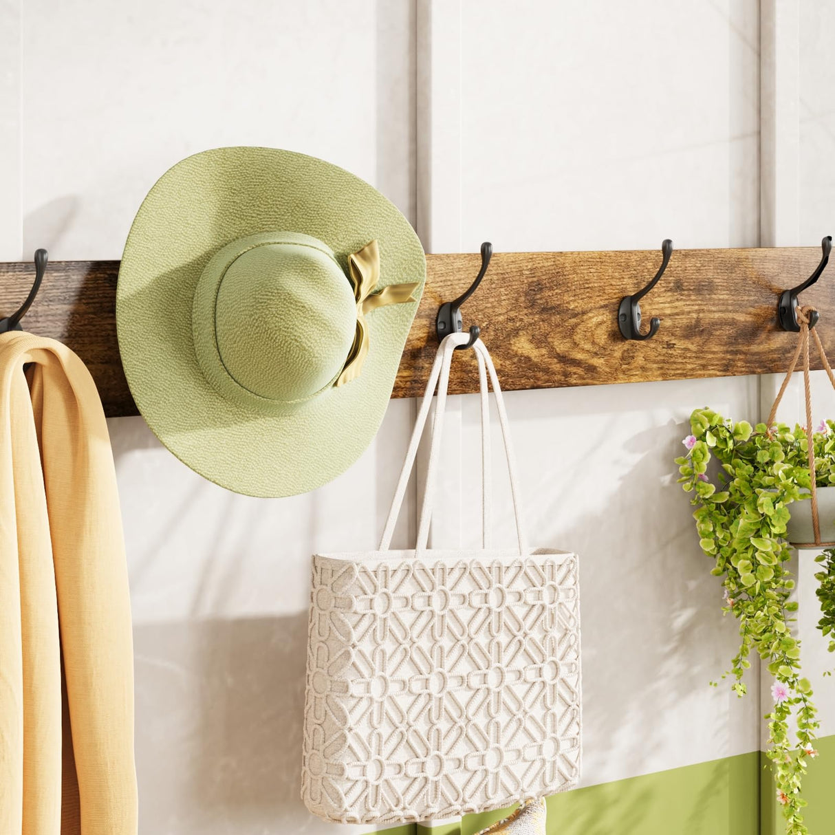 Maupvit Shoe Cabinet with 2 Flip Drawers & Coat Rack, Shoe Storage Bench with Seat Cushion for Entryway, 5 Large Sturdy Metal Hooks - with Locking Wall Parts, Farmhouse Brown Maupvit