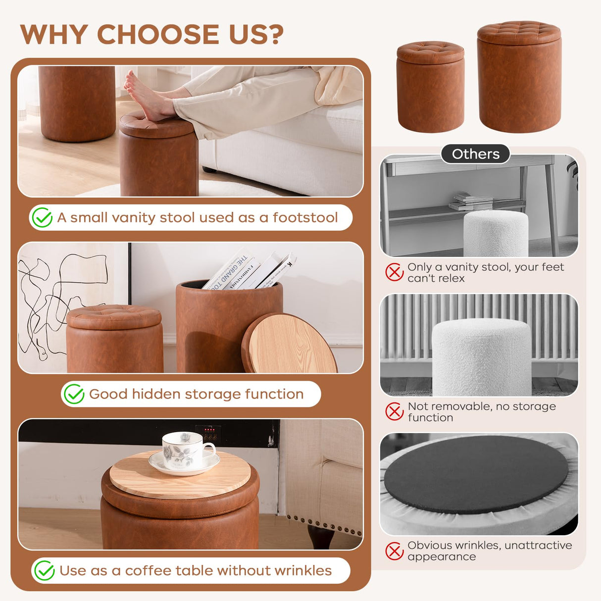 Round Ottoman with Storage Set of 2, Faux Leather Button Tufted Storage Ottoman, 14.76"L x 14.76"W x 17.32"H, Boucle Vanity Stool Footrest Coffee Table for Living Room, Bedroom, Support 300 lbs, Brown oakvivo