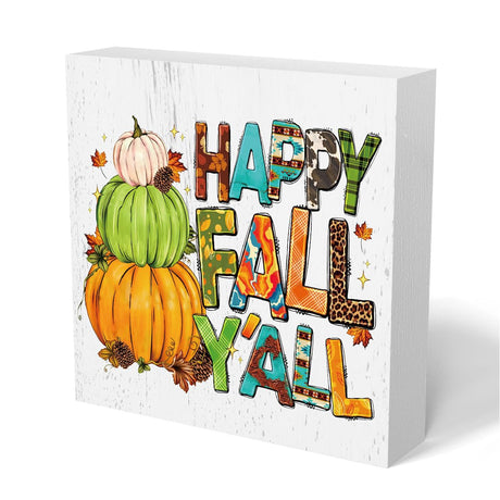 Fall Pumpkin Wooden Box Sign Funny Desk Decor Fall Decor Autumn Fall Decorations for Home Farmhouse Kitchen Table Tiered Tray Wall Rustic Plaque Block Sign Decorative Thanksgiving Harvest Decor Geichnsantly