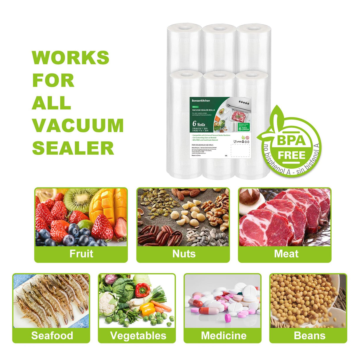 Bonsenkitchen Vacuum Sealer Rolls Bags, 6 Pack 3 Rolls 11" x 20' + 3 Rolls 8" x 20' Commercial Grade BPA Free Bag Rolls, Durable Customized Size Food Vac Bags for Storage and Sous Vide Cooking VB3211 Bonsenkitchen
