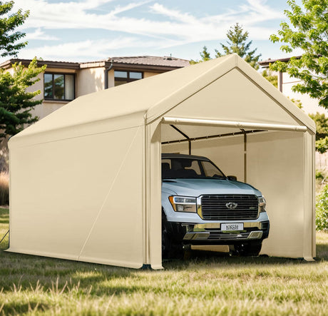 Carport, 10x20ft Heavy Duty Portable Garage, Car Port with Storage Shed, Car Canopy with Removable All-Season Tarp Sidewalls & Doors for Car, Truck, Boat, Party, Rice TANGJEAMER