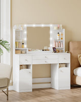 HEXCELEN 42.5" Large Vanity Desk，Dressing Table with Mirror and LED Light, Power Strip, 4 Drawers, 2 Open Storage Cabinets, and Jewelry Storage for Bedrooms, White HEXCELEN