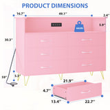 Patikuin Pink Dresser for Bedroom with LED Light & Power Outet, 6 Drawers Wooden Dressers with 2-Tier Open Space, Modern Chest of Double Wide Drawers for Living Room, Entryway, Hallway TV Stand Patikuin