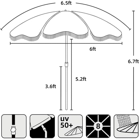 AMMSUN Boho Fringe Umbrella Outdoor Patio, 6.5ft UPF50+ Picnic Umbrella with Tassels with Steel Pole and Push Button Tilt, Antique White AMMSUN