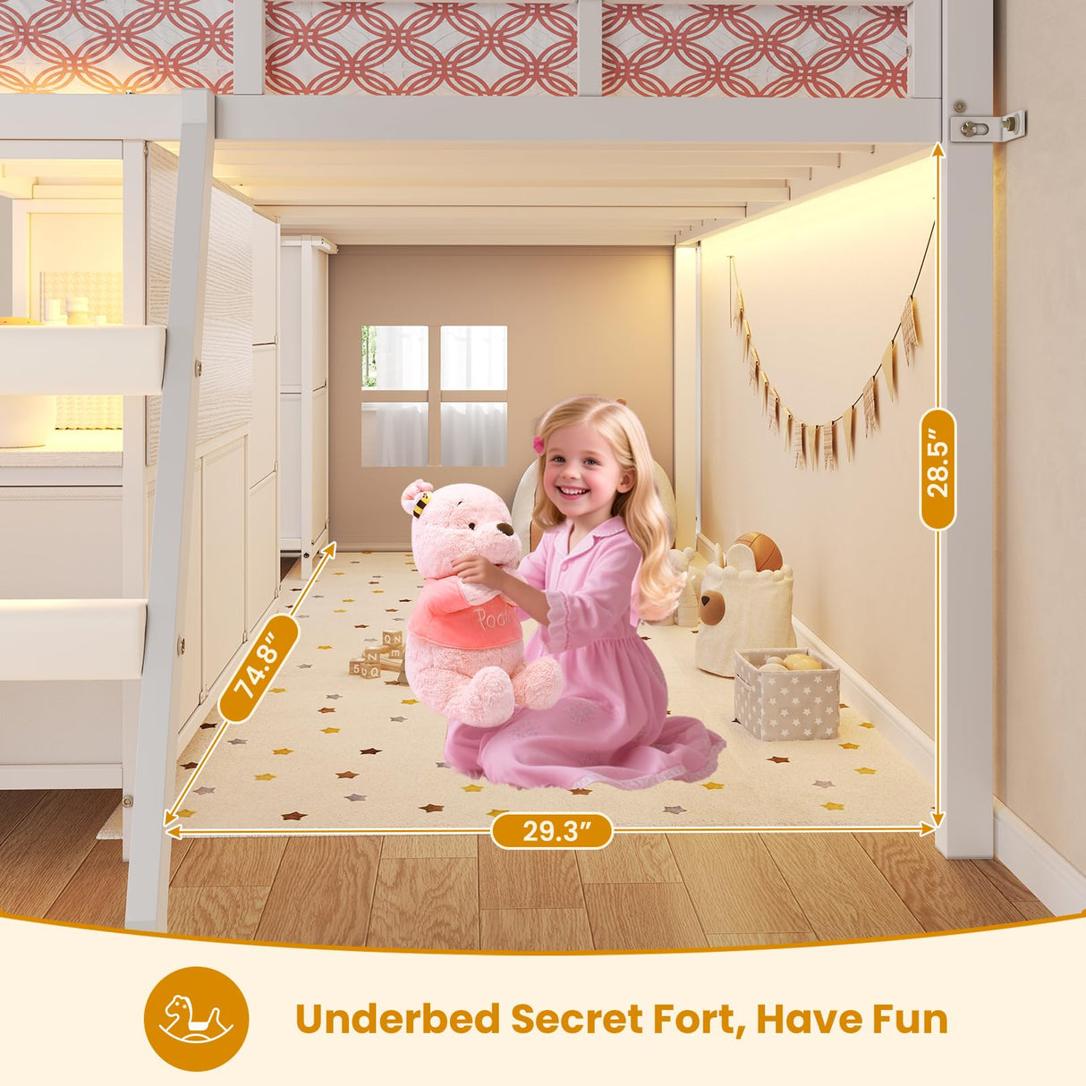 ADORNEVE Low Loft Bed Twin Size with 7 Storage Drawers, Bookcase and LED Lights, Metal Kids Loft Bed with 14" H Safety Guardrail,Inclined Ladder and Play Curtain, Under-Bed Play Space, White ADORNEVE