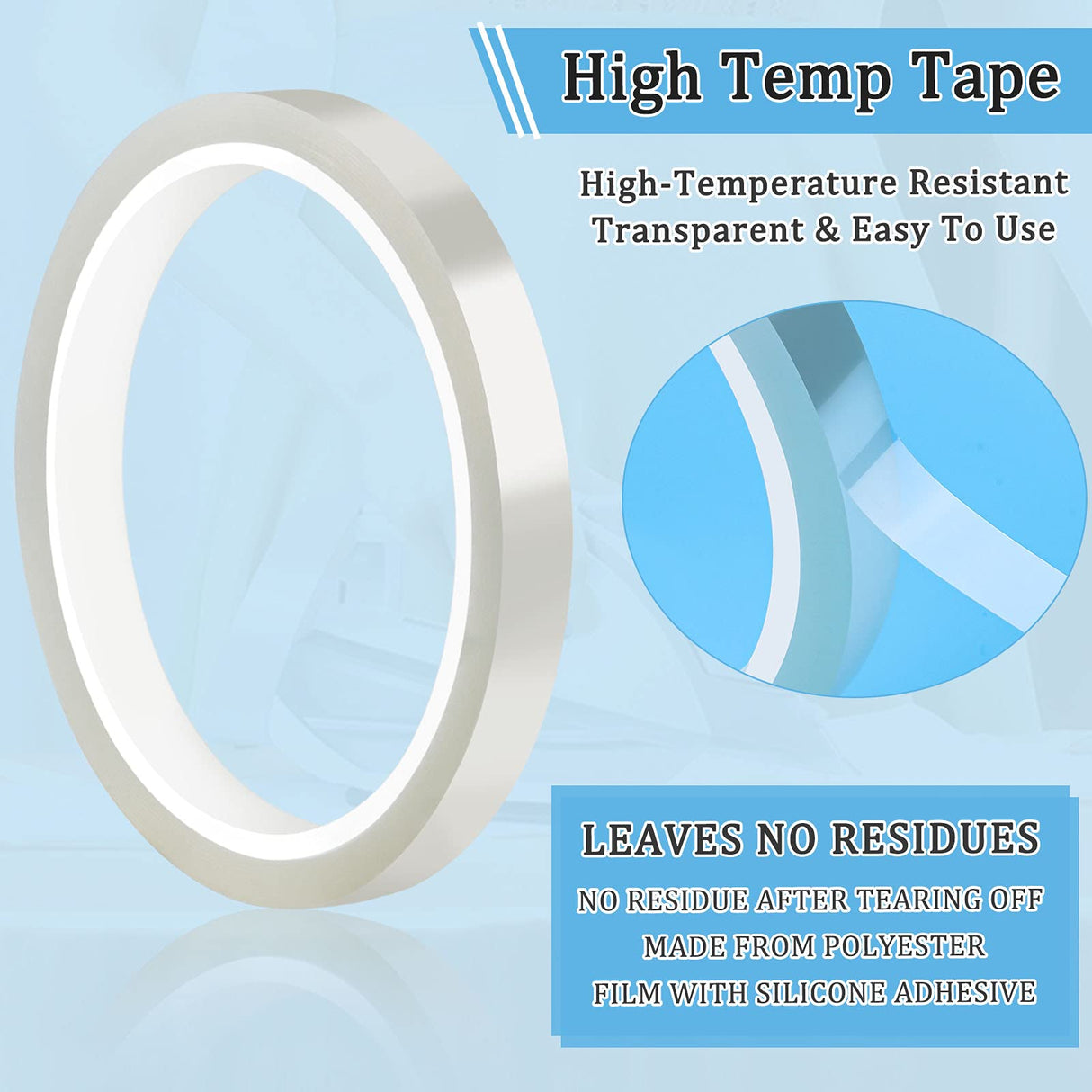 10 Rolls Heat Transfer Tape , High Temp Tape for Sublimation Transfer Tape for T-shirts, Coffee Cups, Heat Resistant Tape for Heat Press Tape Powder Coating, No Residue Transparent, 0.39-inch x 108 ft Mckanti